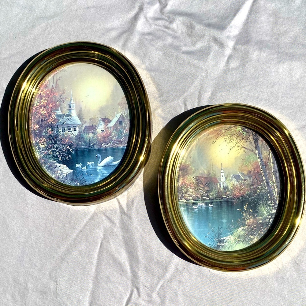 Vintage pictures Swans on the lake churches oval frames glass ready to hang OSP